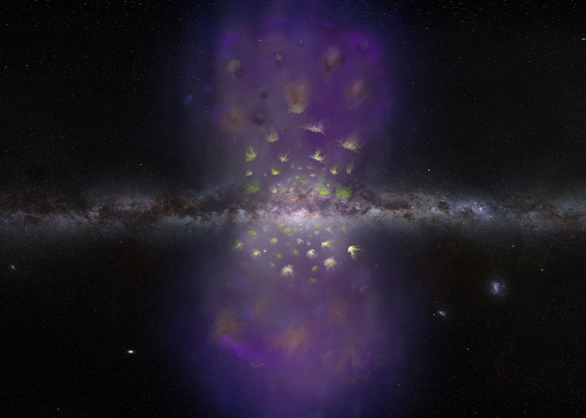 Swarm of Hydrogen Clouds Flying Away from Center of our Galaxy
